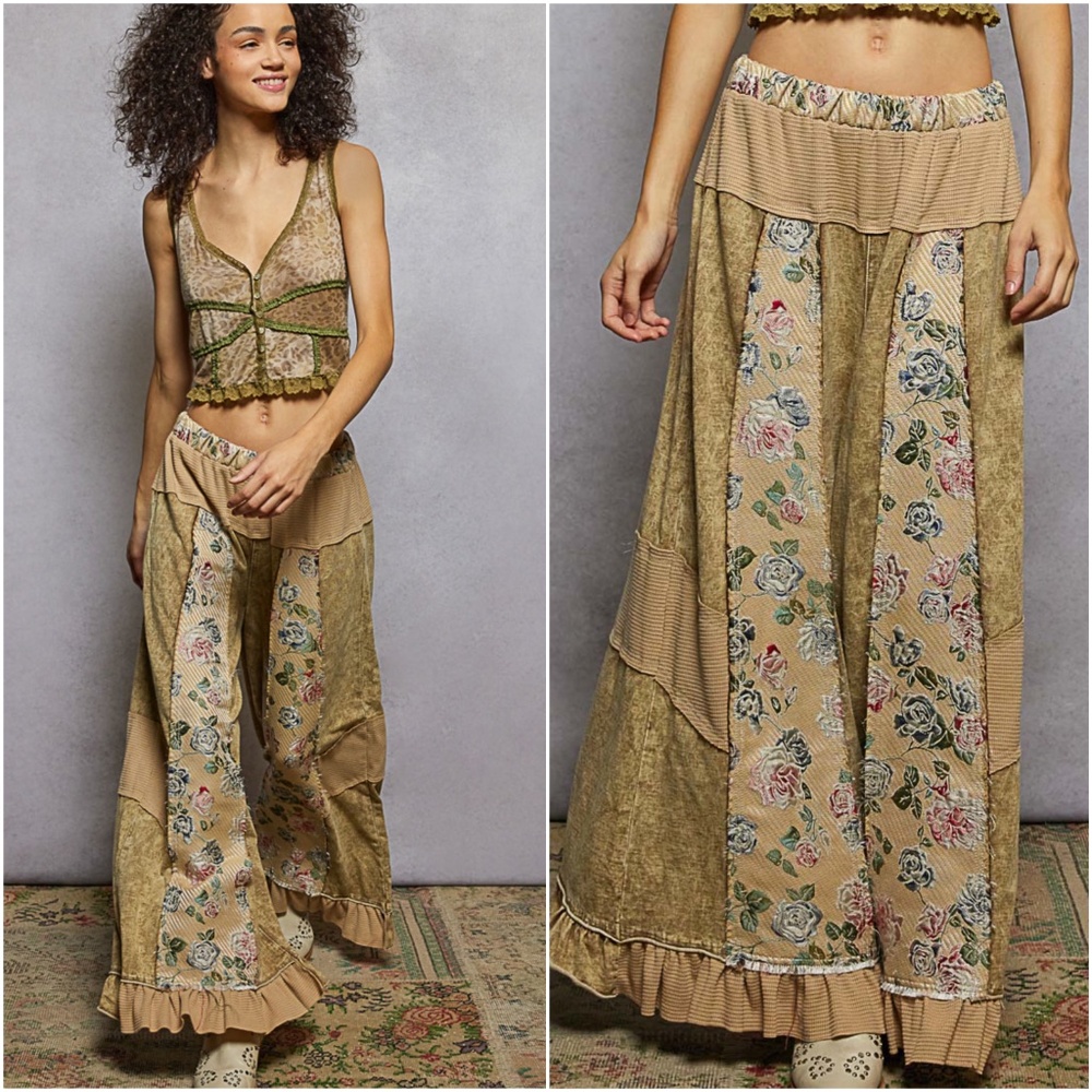 POL Floral Patchwork Wide-Leg Pants in Olive Tan and Floral/  never worn